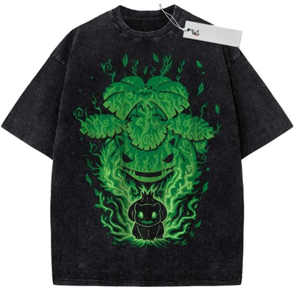Oversize Vintage Washed Pokemon T Shirt Cute Mimikyu Cartoon with Small Ghost Companion Graffiti Print Streetwear Casual Wear