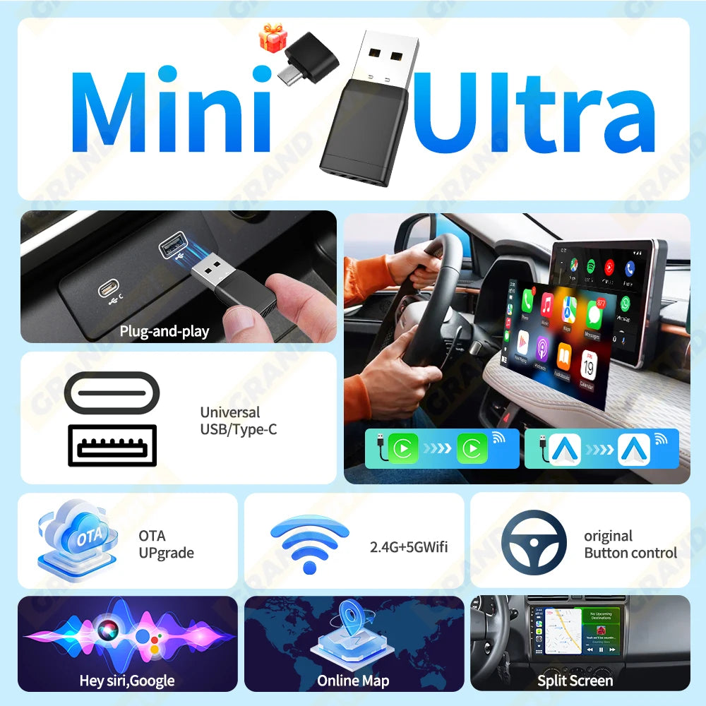 2IN1 Mini NEW Wireless CarPlay Android Auto Adapter Wired to Wireless Car Ai Box For Audi Toyota VW Peugeot MG Ford USB Dongle