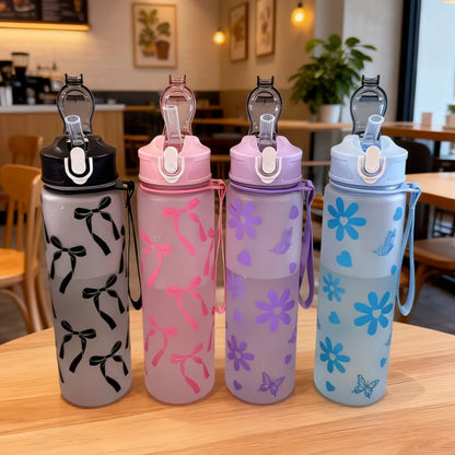 750ML Matte PC Water with Cute Bowknot Pattern Leakproof Includes Straw and Carry Handle Spring-Loaded Lid Bottle