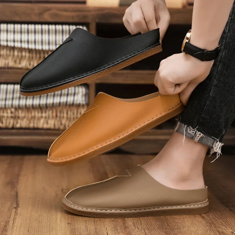Fashion Leather Men Casual Shoes Slip on Man Loafers Breathable Soft Half Slippers Summer Flats Lightweight Lazy Driving Shoes