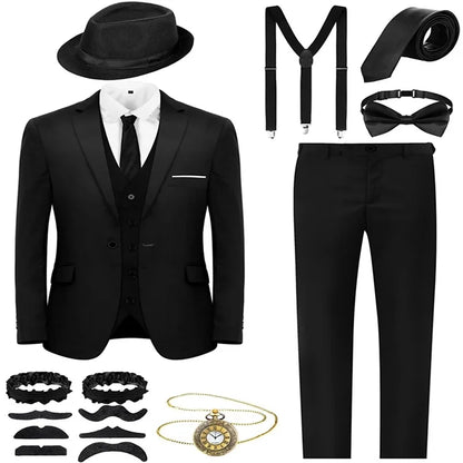 Retro Gatsby 1920S Men's Slim Fit Suit Set with Hat Vest Shirt for Engagement Party Dress Up
