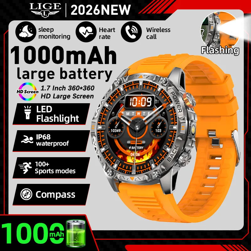 LIGE Nowy wojskowy do T-Rex 3 Ultra Smart Watch Bateria 1000 mAh Wodoodporny IP68 Kompas Latarka Sportowy monitor Smartwatch Mężczyźni