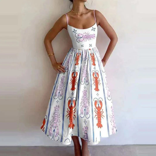 VEITCHE Fashion Women Print Suspenders Blue Ocean Fish Pattern Sexy Long Dress New Spring Summer 2025 Temperament Maxi Dresses