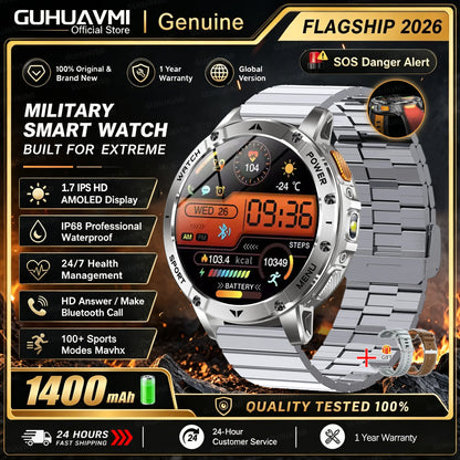 1400mAh Large Battery Military Smart Watch Men 1.7"HD Bluetooth Call 10ATM Waterproof LED Flash SOS Health Monitor Sport Watches