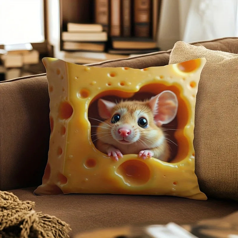 Cute Mouse-in-Cheese Pillow: Add a Whimsical Touch to Your Home! Sofa cushion cover, home room dormitory decoration, 2D printing