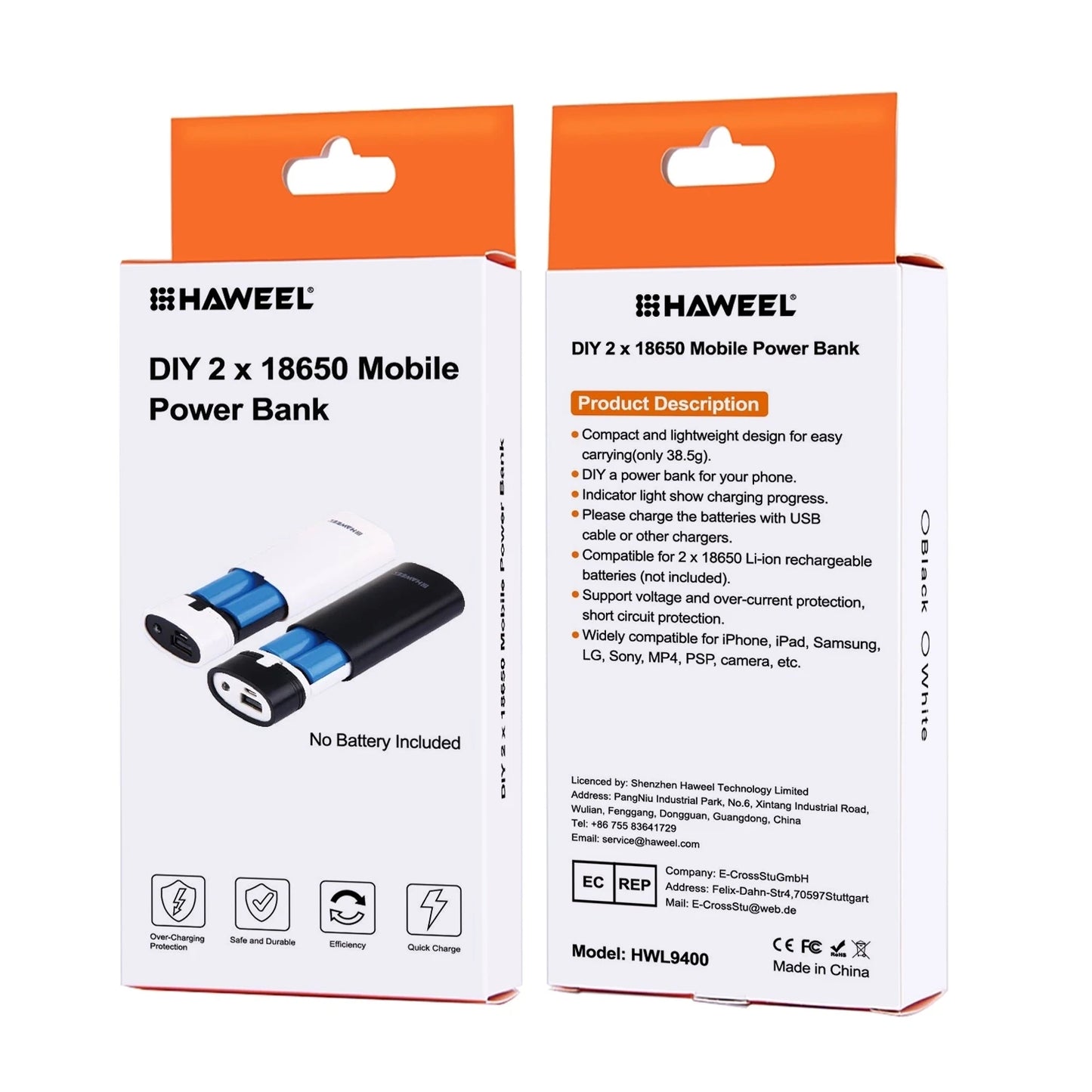 HAWEEL DIY 2x 18650 Battery (Not Included) 5600mAh Power Bank Shell Box with USB Output & Indicator Charging Box for Smartphone