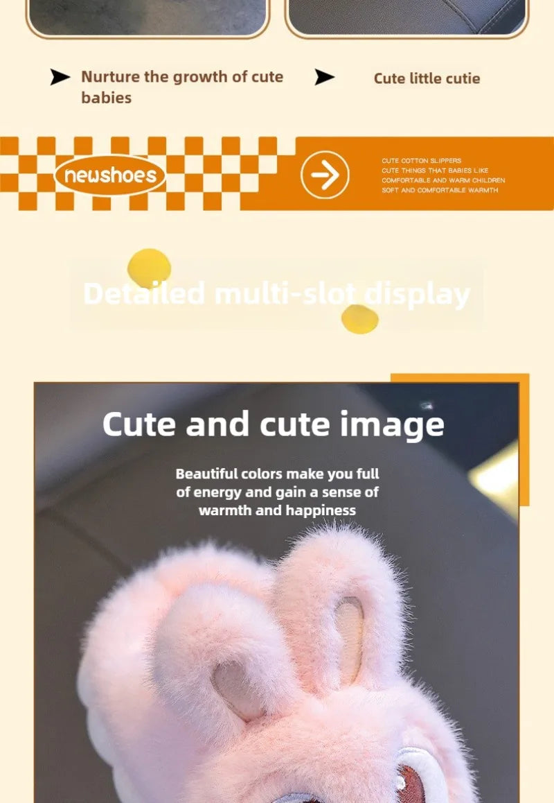 New Winter Cute Big eyed Rabbit Children's Waterproof Warm Non-slip Fluffy Slippers For Girls Boys Kids Indoor Home Cotton Shoes