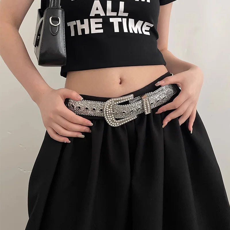 Gothic Black Silver Metal Buckle Rhinestone Belt Luxury Desiner Four Seasons Y2K Womens Jeans Belt Plus Size Men's Waistband