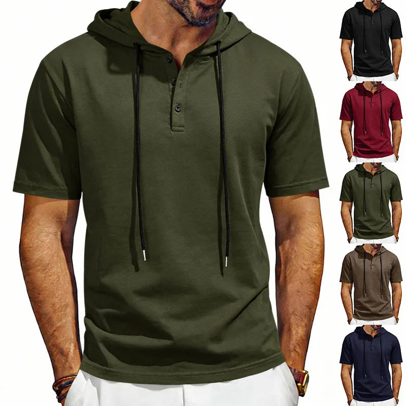 Summer Men's Short Sleeve Hooded T-Shirt Henry Neckline Drawstring Design Casual Loose Breathable Sporty Vest