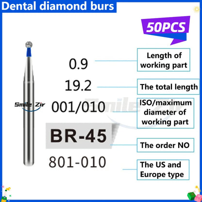 50Pcs Dental Dentist Diamond Burs Drill FG 1.6mm Bur for High Speed Handpiece FG Dental Bur Stomatology Dentistry Grinding Tools