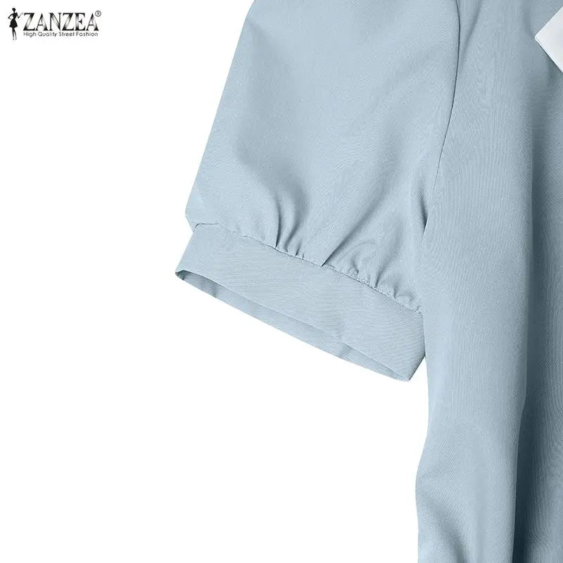 ZANZEA Elegant vColor-Blocked Bodycon A-Line Midi Dress Lapel Collar Short Puff Sleeves Ruched Waist Office Work Vestidos