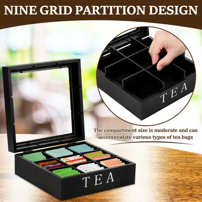 Grids Wooden Tea Bag Holder Sugar Packets Spice Pouches Storage Case Instant Coffee Bag Boxes With Clear Lid Tea Bag Organizer
