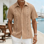 Men's Light Blue Geometric Ethnic Pattern Short Sleeve Shirt, Retro Bohemian Design, Casual Spring Summer Wear