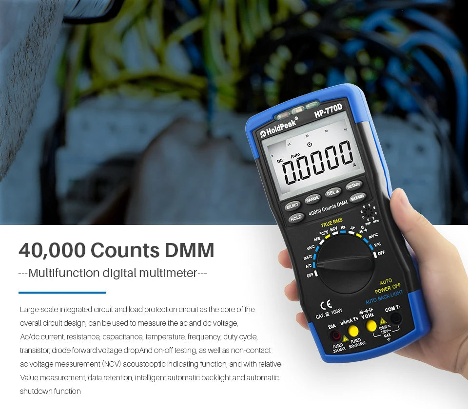 Multimetr cyfrowy HP-770D True RMS 40000 zliczeń z automatycznym wyborem zakresu i funkcją NCV, tester napięcia i prądu z testem temperatury