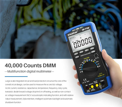 Multimetr cyfrowy HP-770D True RMS 40000 zliczeń z automatycznym wyborem zakresu i funkcją NCV, tester napięcia i prądu z testem temperatury