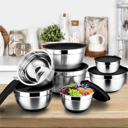 LMETJMA 6 Pcs Stainless Steel Mixing Bowls with Black Lids Kitchen Nesting Salad Mixing Bowl With Non-slip Silicone Bottom JT327