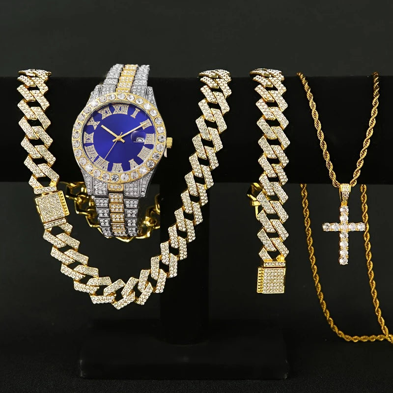 4PCS Luxury Rhinestone Men Quartz Watch Hip-pop Jewelry Set Fashion Roma Dial Calendar Quartz Wristwatch（Without Box）