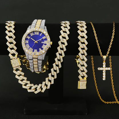 4PCS Luxury Rhinestone Men Quartz Watch Hip-pop Jewelry Set Fashion Roma Dial Calendar Quartz Wristwatch（Without Box）