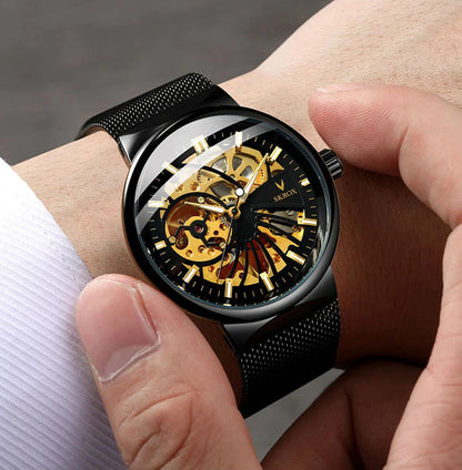 SKROX Luxury Brands Fashion Man Wrist Watches Steel Skeleton Ultra Thin Mechancical Clock Mesh Strap Waterproof Manual Movement
