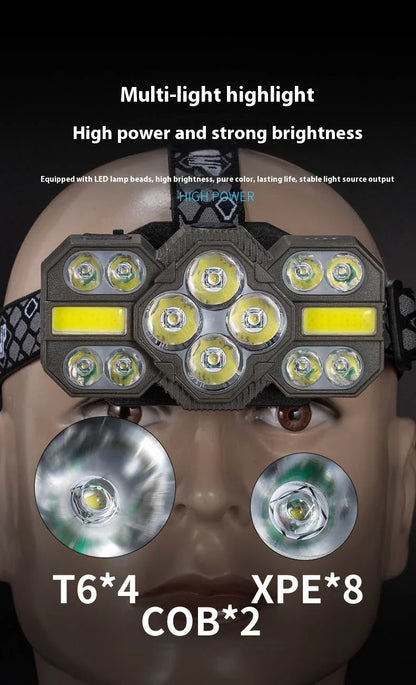 Outdoor Lighting Strong Bald Headlight 12 LED Super Bright Spotted Portable Headlight Outdoor Camping Maintenance Light