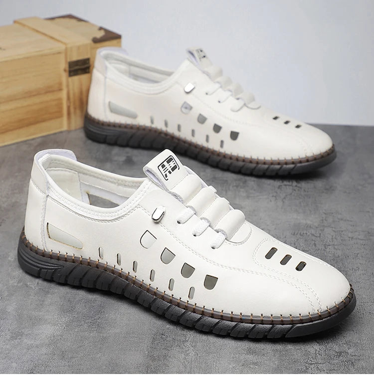 Men's Comfortable Breathable Business Hollow Loafers Slip-On Soft Bottom Sandals Easy Wear Hole Hole Shoes-HT2273