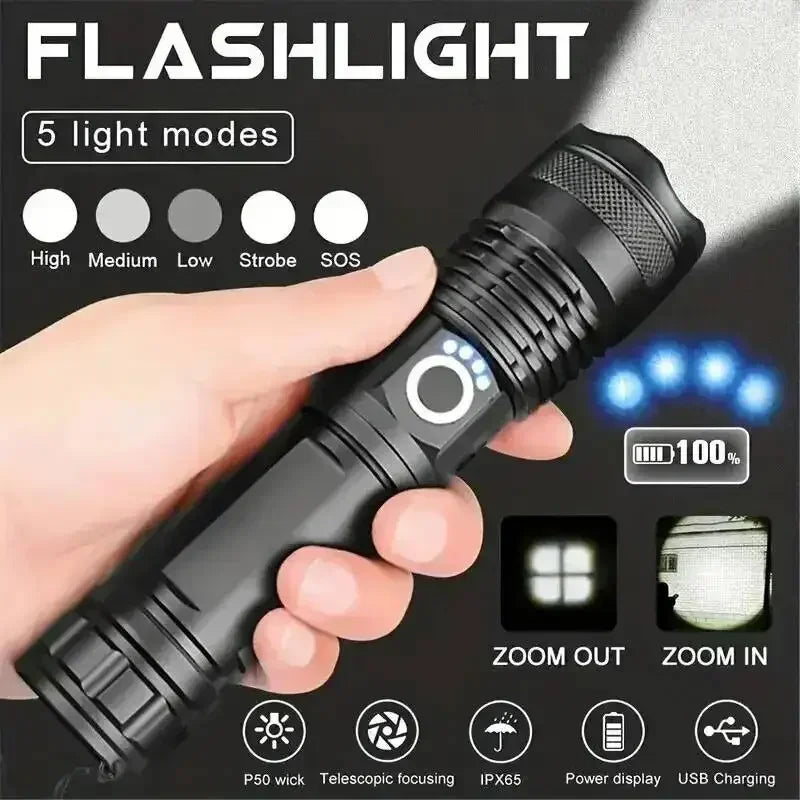 90000LM High Power XHP50 Led Flashlight Rechargeable Torch Zoom Usb Hand Lantern Camping Outdoor Waterproof Emergency