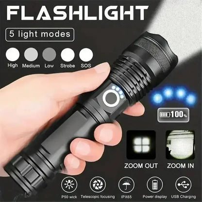 90000LM High Power XHP50 Led Flashlight Rechargeable Torch Zoom Usb Hand Lantern Camping Outdoor Waterproof Emergency