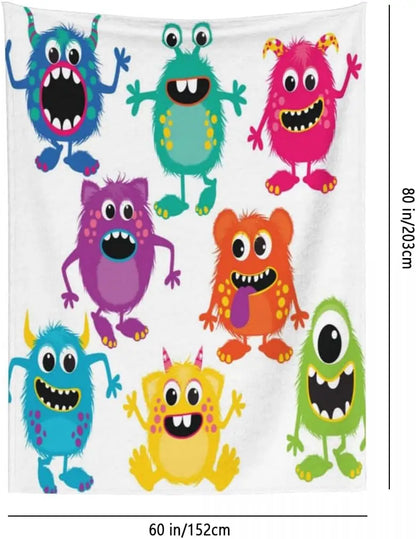 Colorful Cute Cartoon Furry Monster Repeating Print White Base Flannel Throw Blanket,Soft Warm Sofa Cover,Kids Bedroom Rest Gift