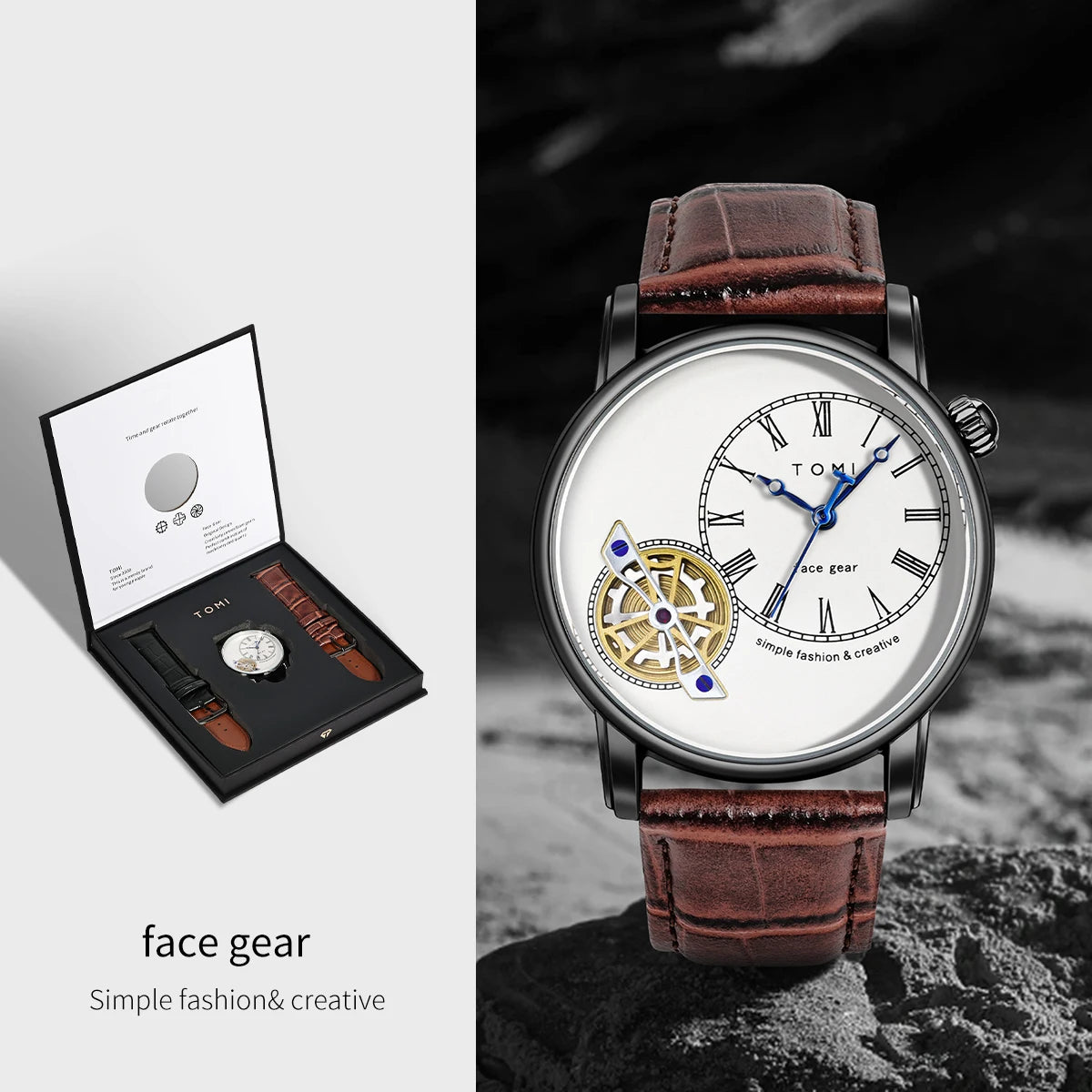TOMI Set Gift Box Luxury and Fashionable Men's Quartz Watch Leisure Calendar Double Strap Quartz Watch Festival Gift