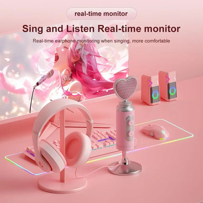 USB Gaming Condenser Mic Pink Heart Design, One-Click Mute Gain Control Plug & Play for PC Streamers Gamers and Video Creators