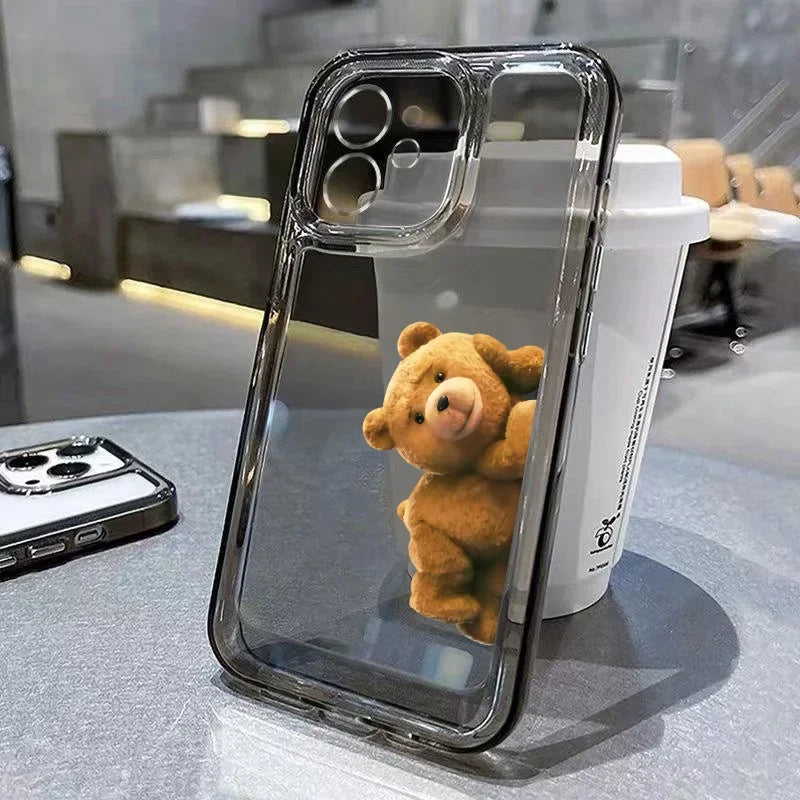 Funny Cartoon Bear Phone Case for iPhone 17 16 15 14 13 12 11 Pro Max Mini SE 7 8 Plus Luxury Shockproof Transparent Soft Cover