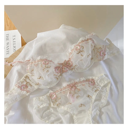 MOYISU Luxury French Pure Desire White Lace Thin Sexy Gauze Underwear Set Embroidery Girl Push-up Bra Big Size Big Breasts Small