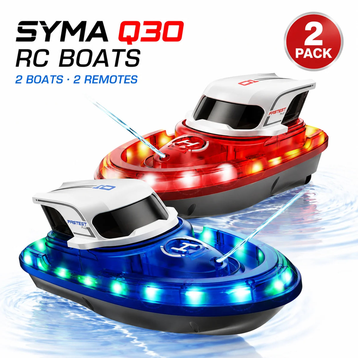 SYMA Q30 2PCS RC Speed Boat 2.4G Remote Control Boat 7 Color LED Light One Key Water Spray Waterproof Pool Lake Toy Gifts for Ki