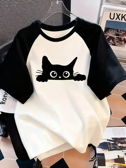 Kawaii T Shirt  Retro Black Cat Letter Print Crew Neck T-Shirt Casual Short Sleeve Top for Spring Summer Women's Clothing