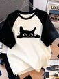 Kawaii T Shirt  Retro Black Cat Letter Print Crew Neck T-Shirt Casual Short Sleeve Top for Spring Summer Women's Clothing
