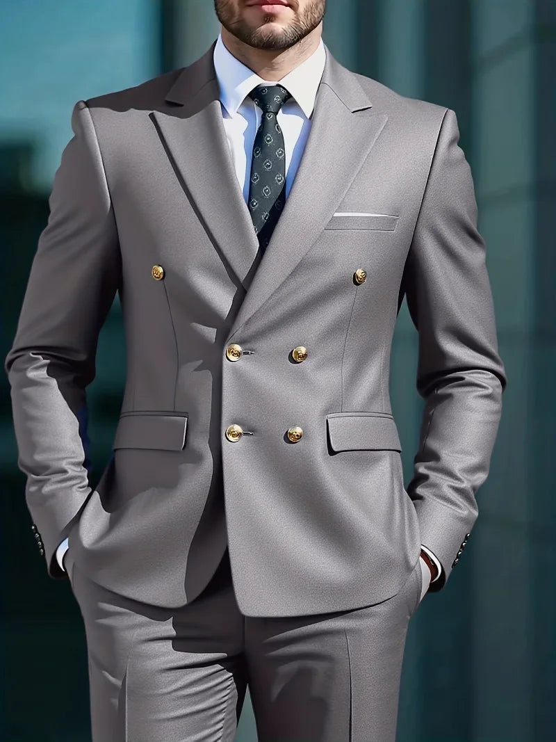 2026Business No-IronDouble-BreastedGolden Button Suit 2pcsTrendy Men's Retro Solid ColorSimpleSlimFit Stylish