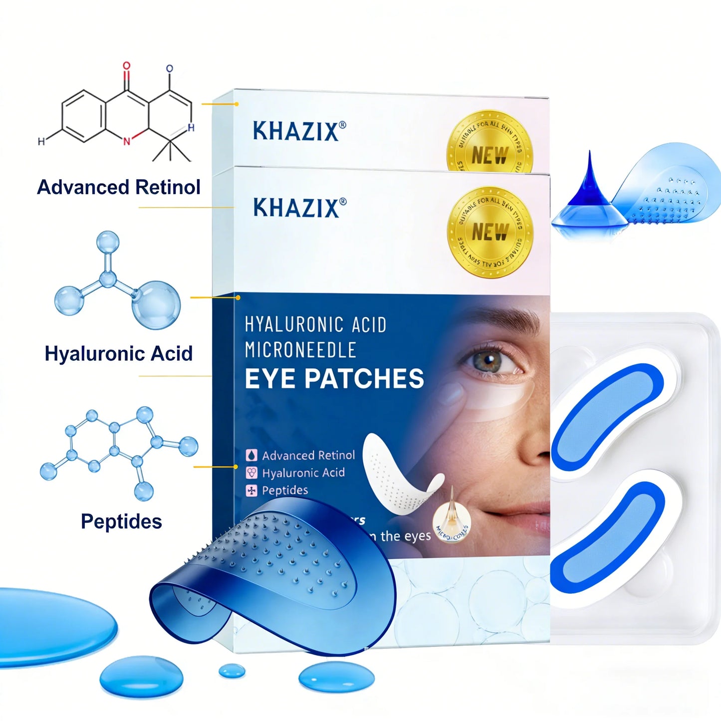 Retinol Microneedle Eye Patches with Hyaluronic Acid & Firming Peptides,for Forehead, Eye Area, Crow's Feet & Smile Lines,1Pair.