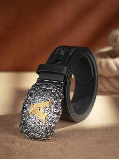 Western Cowboy PU Leather Belt - Men Waist Strap Bull Decoration Floral Engraved for Jeans