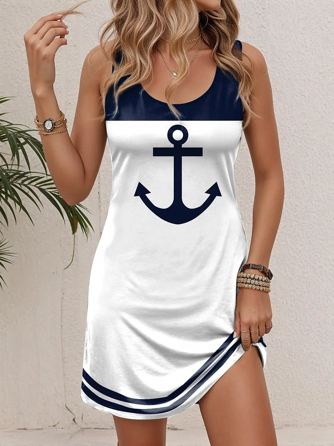 Nautical Anchor Dress Women Sleeveless Soft Sundress Bule White Stripe Summer New Casual  Daily Wear Fashion Female Trendy Tops