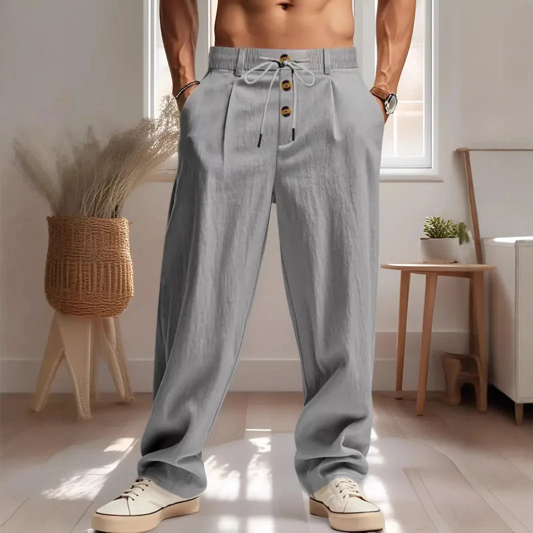 Men's Cotton Linen Long Pants Summer Solid Color Breathable Linen Trousers Male Casual Elastic Waist Casual Pants  Men ﻿