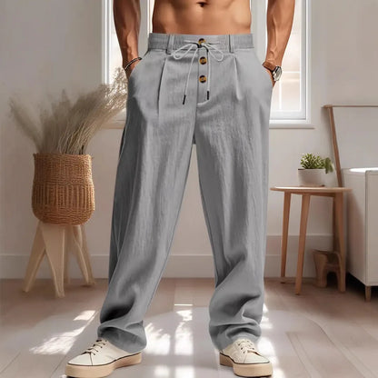 Men's Cotton Linen Long Pants Summer Solid Color Breathable Linen Trousers Male Casual Elastic Waist Casual Pants  Men ﻿