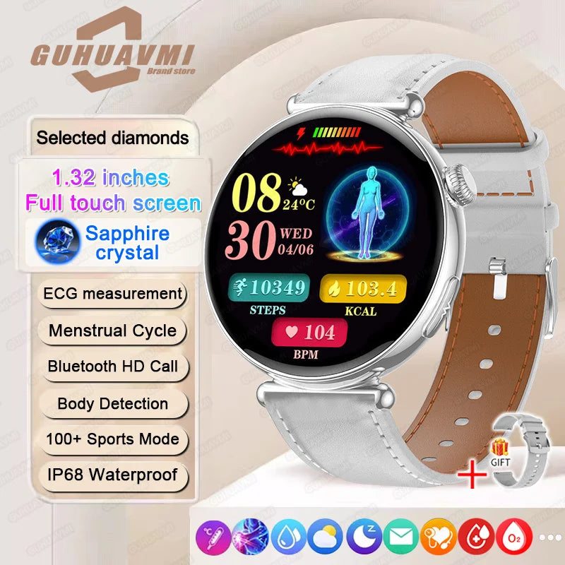 ECG Smart Watches Women 1.32 inch  AMOLED Screen Physical Examination Blood oxygen Pressure Fat Call Health ECG+PPG Smartwatch