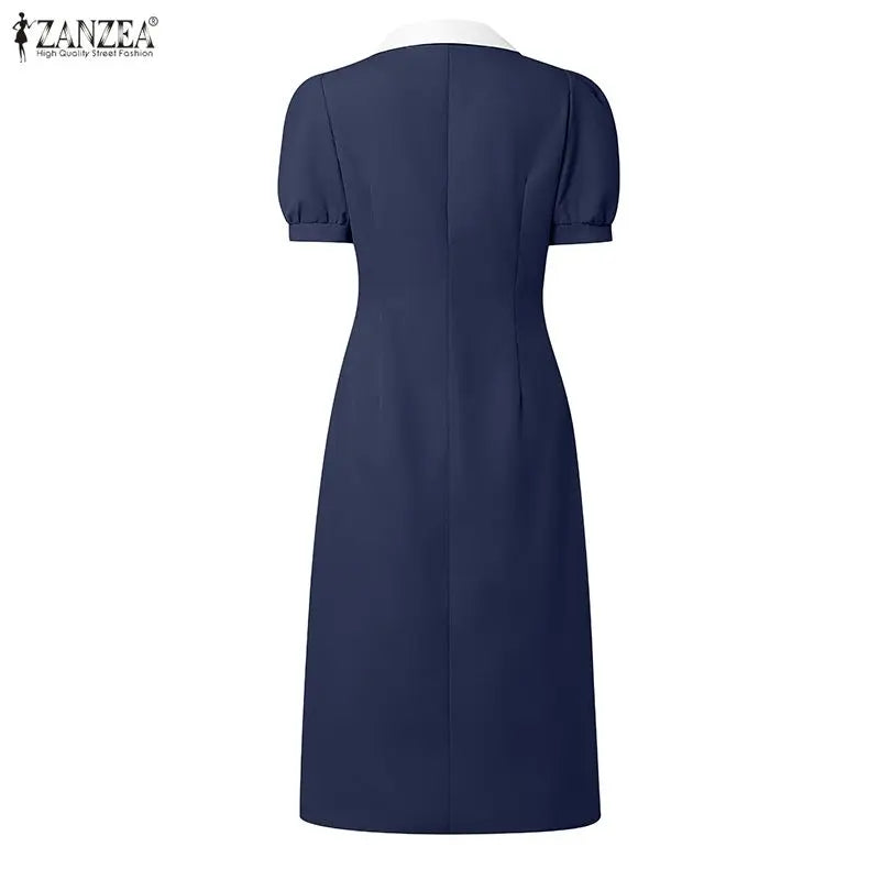 ZANZEA Elegant vColor-Blocked Bodycon A-Line Midi Dress Lapel Collar Short Puff Sleeves Ruched Waist Office Work Vestidos