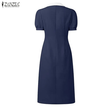 ZANZEA Elegant vColor-Blocked Bodycon A-Line Midi Dress Lapel Collar Short Puff Sleeves Ruched Waist Office Work Vestidos