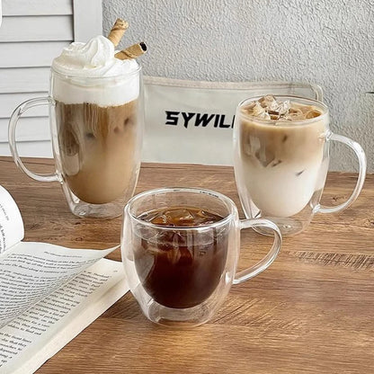1pack 250/350/450ml Glass Coffee Mug with Handle Double-Walled Glass Cup For Cold or Hot Water Juice Milk Coffee Whiskey