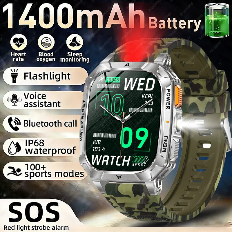 New Rugged Military Smart Watch Men 1400 mAh battery 2.01inch Bluetooth Call Health monitoring device LED flashlight Smart watch