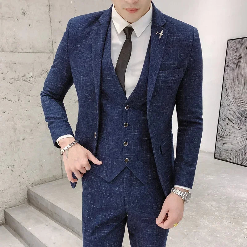 Suit New Style (Blazer+ Vest + Pants) Men's Fashion Business Outdoor Trend Striped Casual Slim-fit Wedding Host Gentleman's Suit