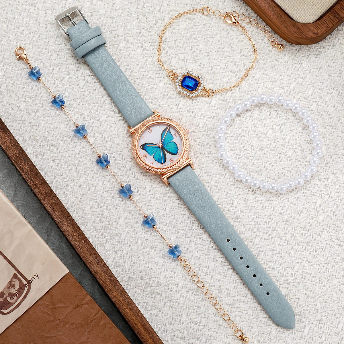 Dreamy Blue Butterfly Watch Jewelry Set | Grey Leather Strap | Pearl & Crystal Accents | 3-Piece Gift Set for Women