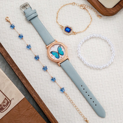 Dreamy Blue Butterfly Watch Jewelry Set | Grey Leather Strap | Pearl & Crystal Accents | 3-Piece Gift Set for Women