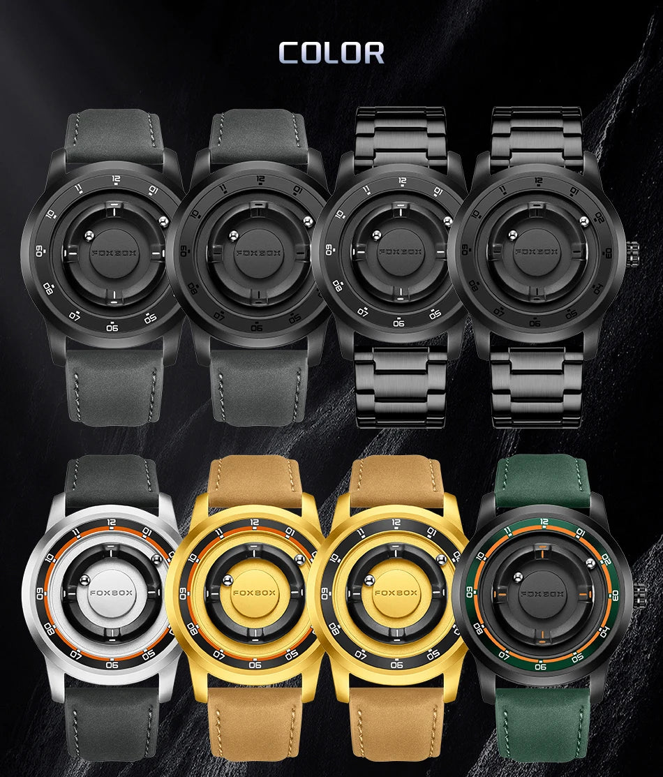 FOXBOX Watch Planet Design Fashion Floating Magnetic Pointer Free Ball Bearing Creative Simple Waterproof Quartz Watch for Men